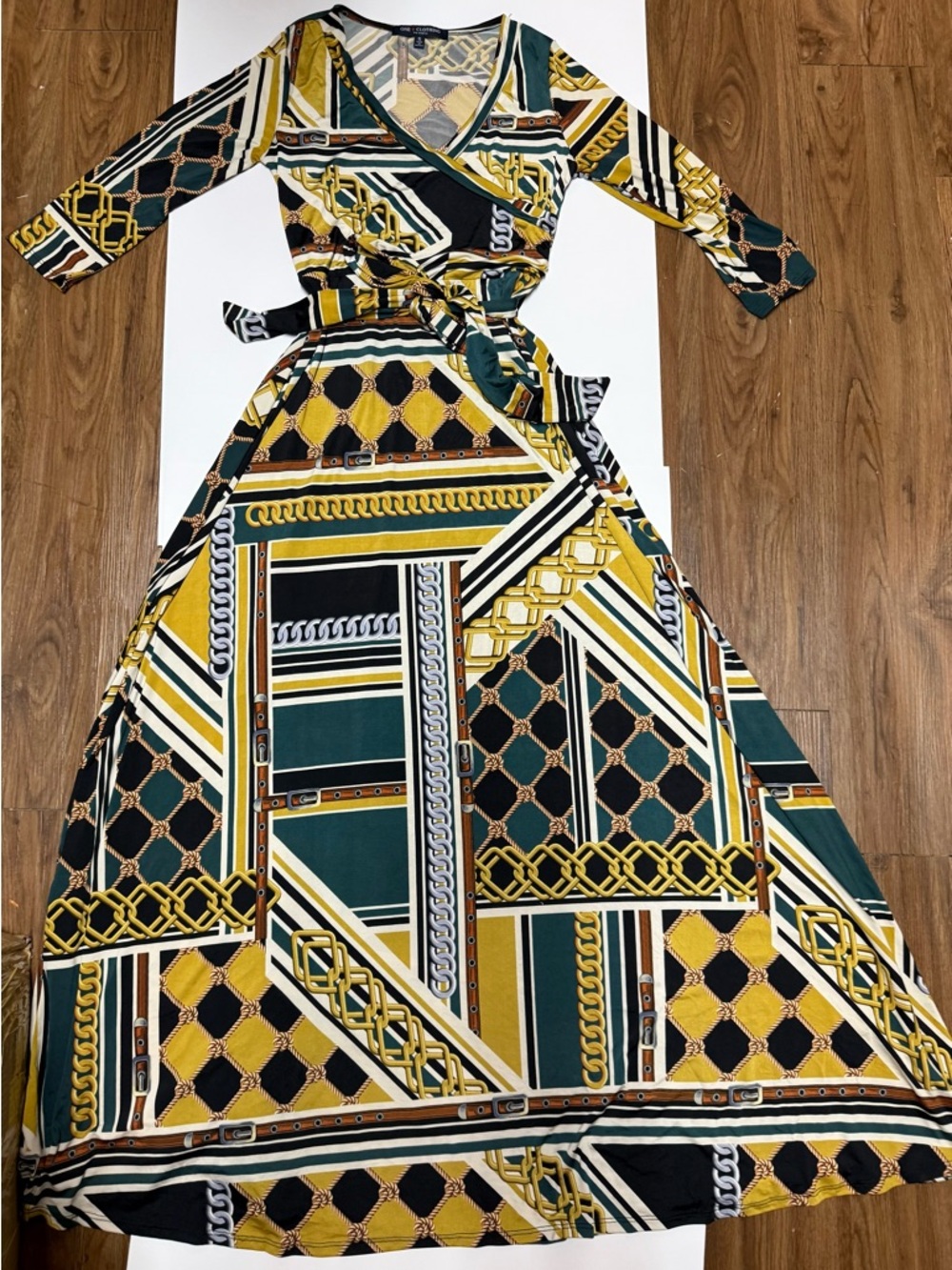 Abstract Chain-Print Wrap Maxi Dress in Mustard & Green